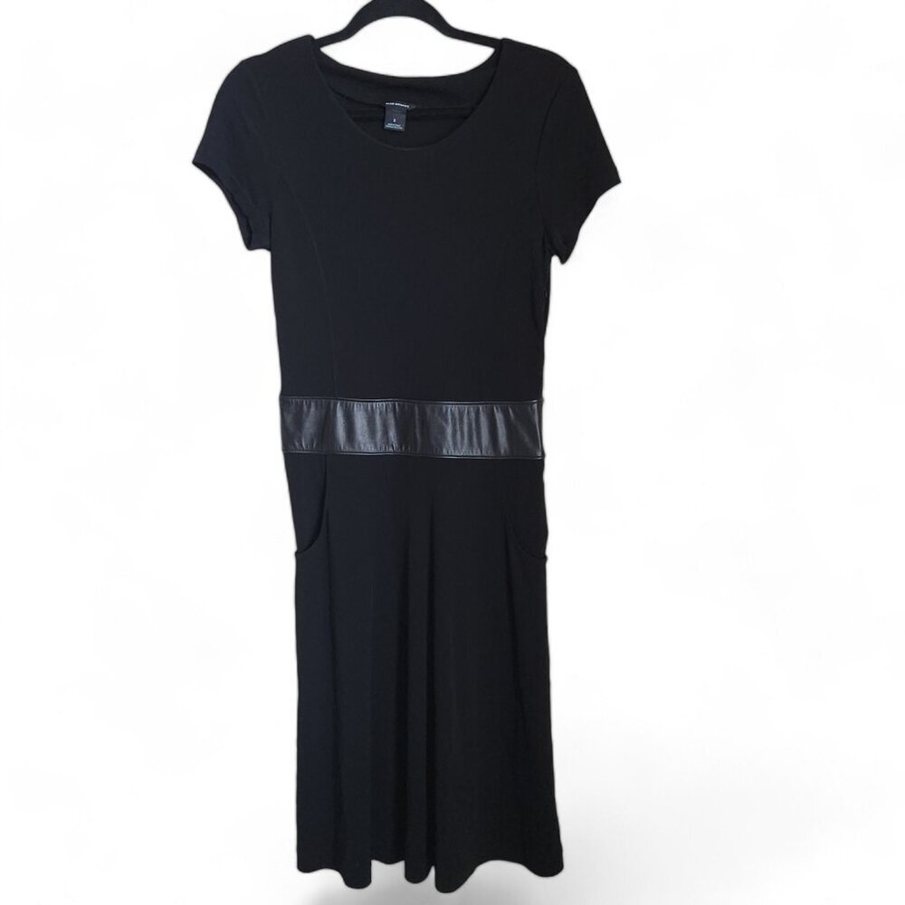 Club Monaco Women's 2 Midi Dress Black‎ Sheep Leather Trim Fit & Flare Side Zip